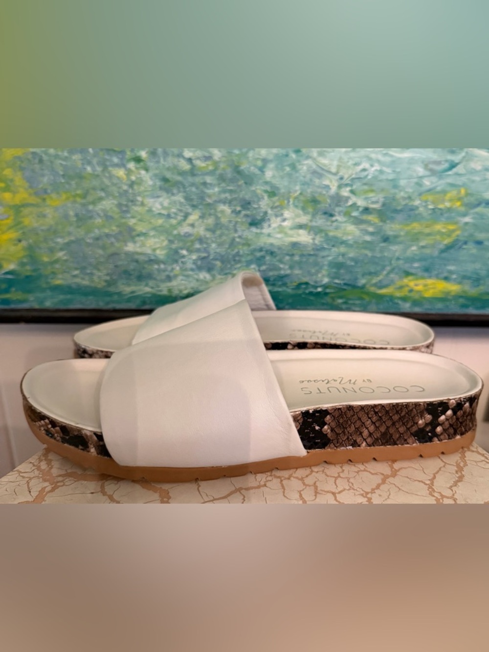 Matisse White Slide Sandals with Snakeskin-Print Trim
